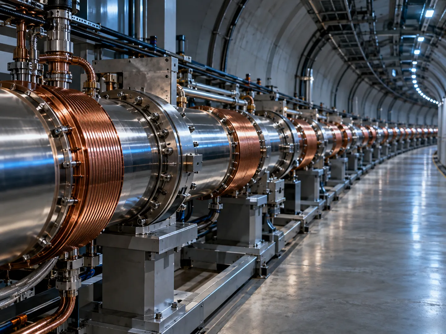 A long stainless-steel accelerator beam pipe wrapped in copper-coloured sections, curving away along a lit tunnel